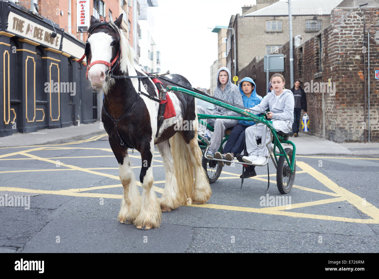Giovane viaggiatore irlandese kids con un cavallo e carrello Foto Stock
