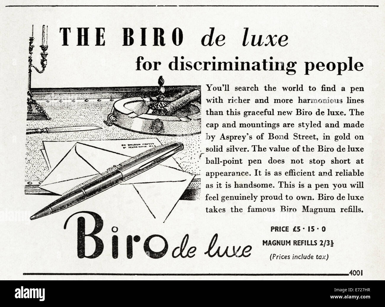 1940 la pubblicità per la costosa biro penna a sfera in ORO & ARGENTO nella rivista inglese datato novembre 1949 Foto Stock