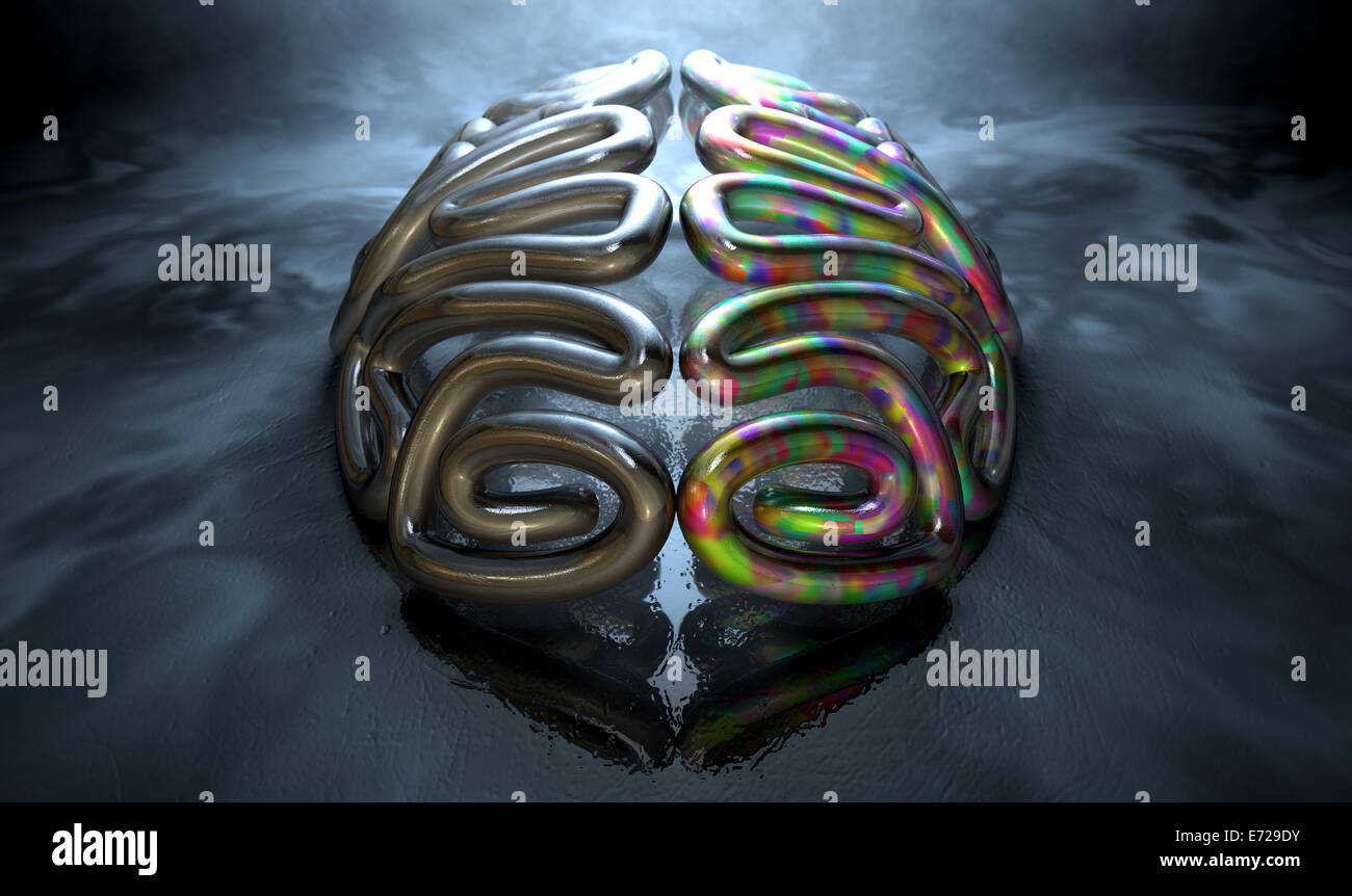 Una stilizzata colata di metallo raffigurante un cervello con il lato sinistro raffigurante un conservatore e mente logica, e il lato destro di dep Foto Stock