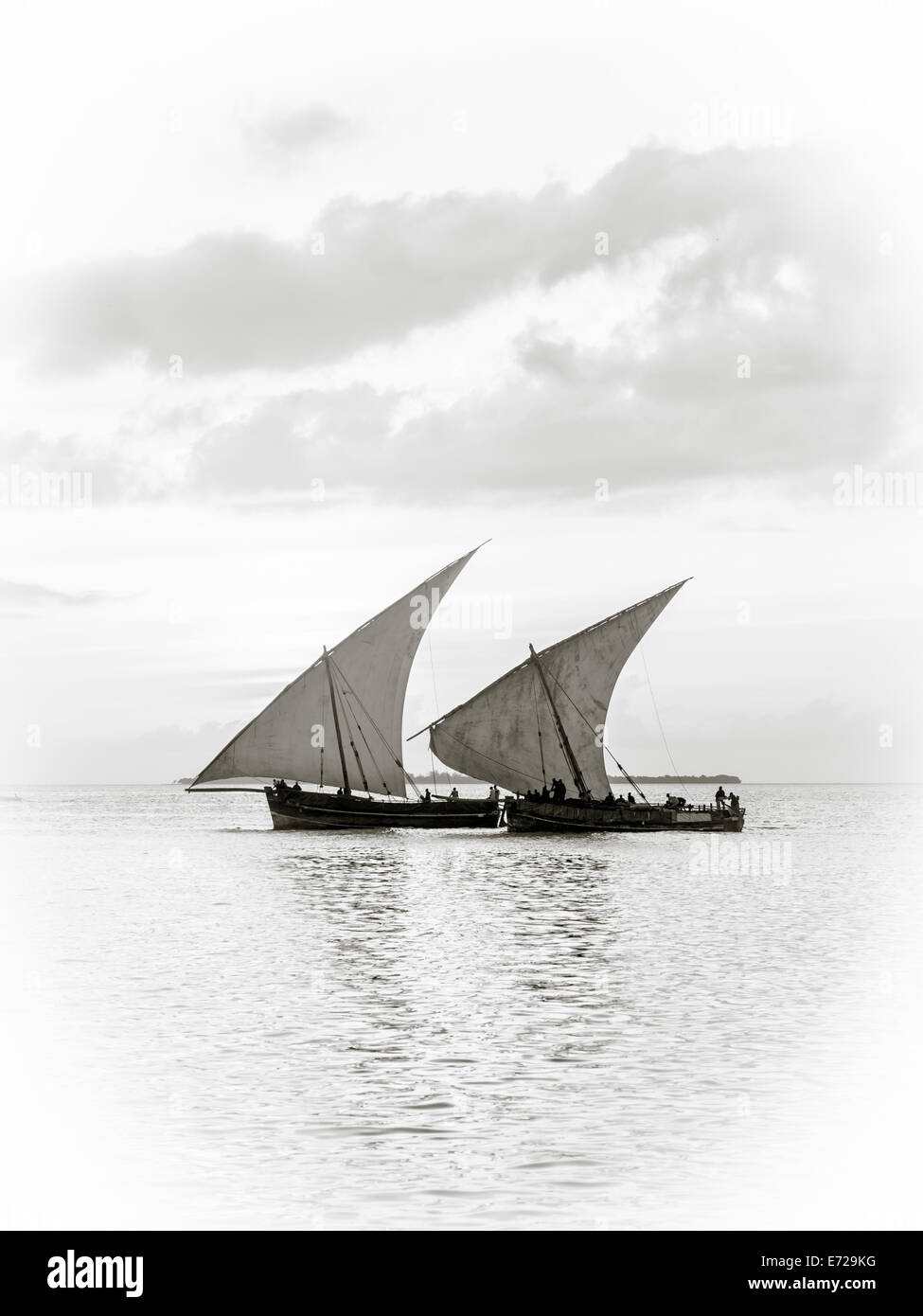 Barche Dhow vicino all'isola di Zanzibar al tramonto. Foto Stock