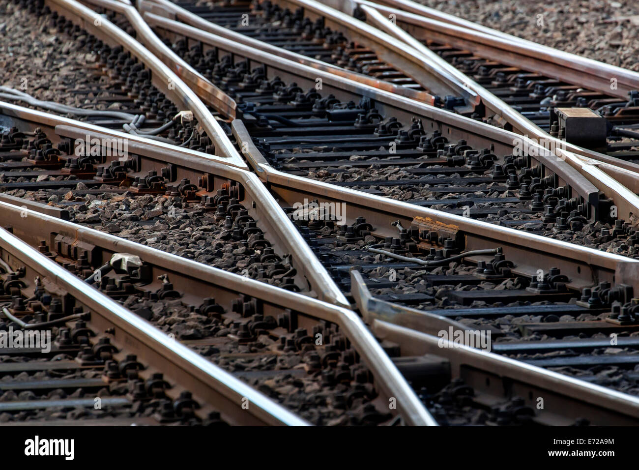 Le vie e gli interruttori ferroviarie della Deutsche Bahn AG alla stazione principale di Francoforte, Frankfurt am Main, Hesse, Germania Foto Stock