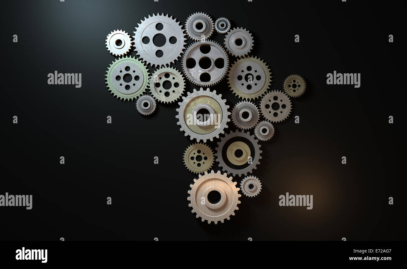 Un concetto che mostra una matrice di metallo e ruote dentate in acciaio assemed nella forma del continente africano su di una superficie scura backgr Foto Stock
