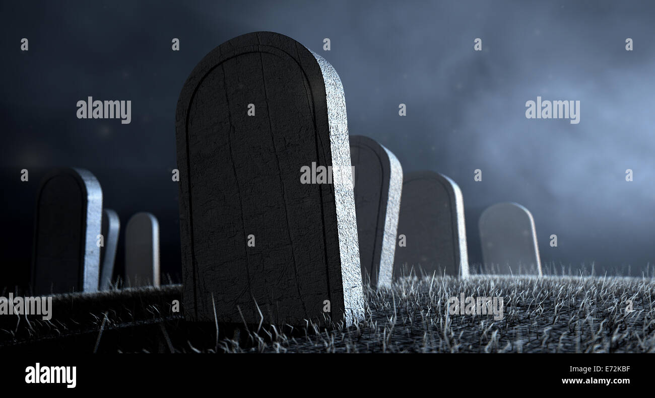 Gli oggetti contrassegnati per la rimozione definitiva in un cimitero di notte illuminata da una ethereal luci inquietanti Foto Stock