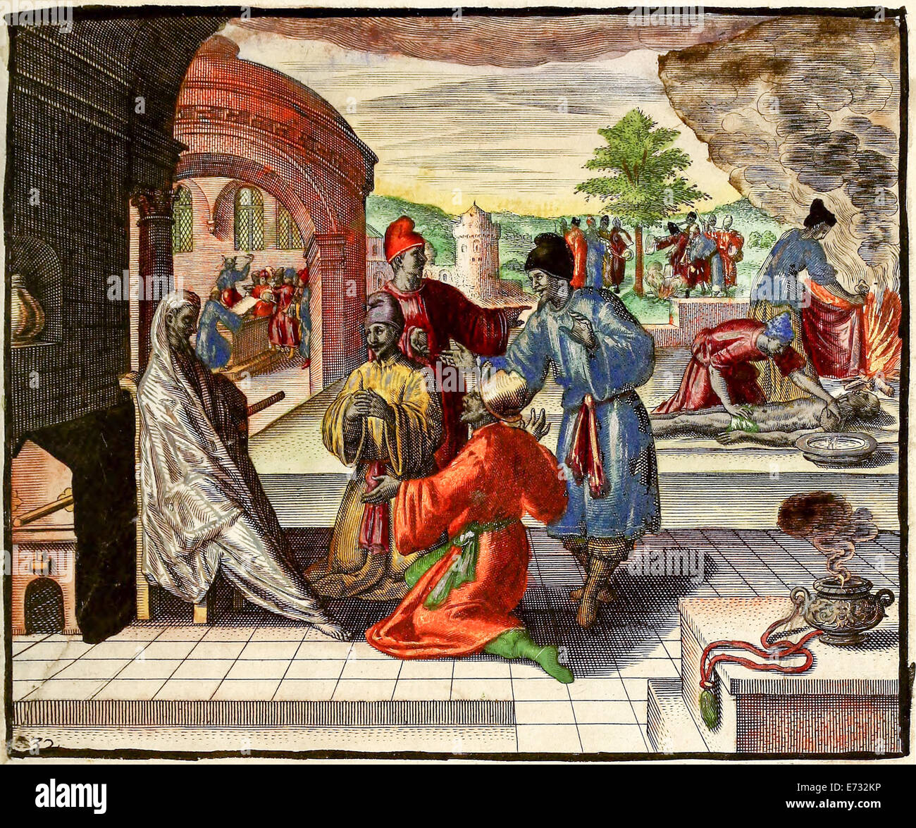 Funerale in Cina, illustrazione da 'Indiae Orientalis' 1598 da Theodor de Bry. Vedere la descrizione per ulteriori informazioni. Foto Stock