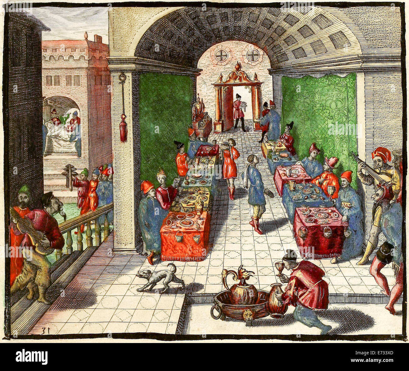 Festa in Cina, illustrazione da 'Indiae Orientalis' 1598 da Theodor de Bry. Vedere la descrizione per ulteriori informazioni. Foto Stock