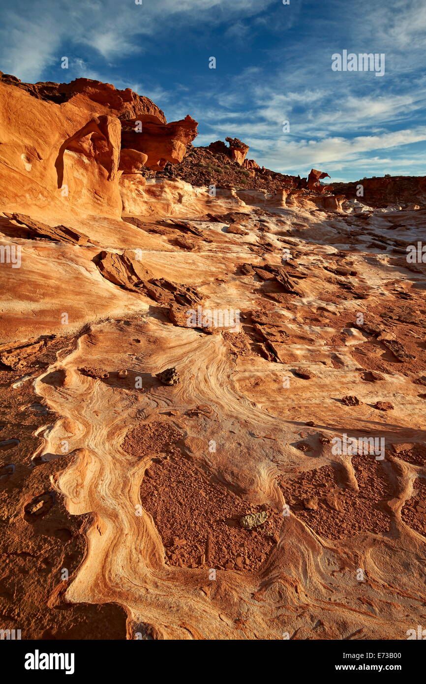 Modello di pietra arenaria sotto le nuvole, Gold Butte, Nevada, Stati Uniti d'America, America del Nord Foto Stock