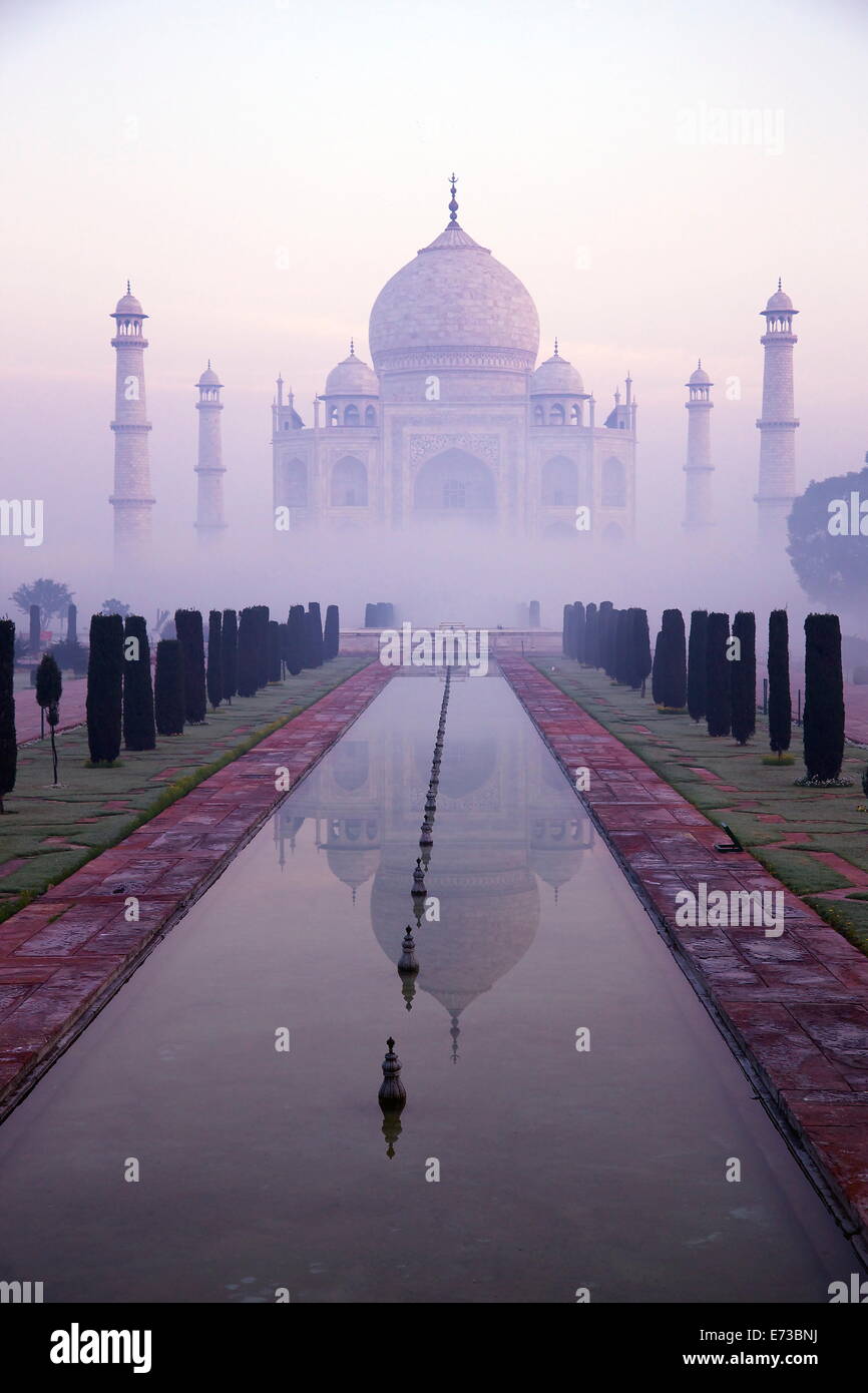 Taj Mahal all'alba, Sito Patrimonio Mondiale dell'UNESCO, Agra, Uttar Pradesh, India, Asia Foto Stock