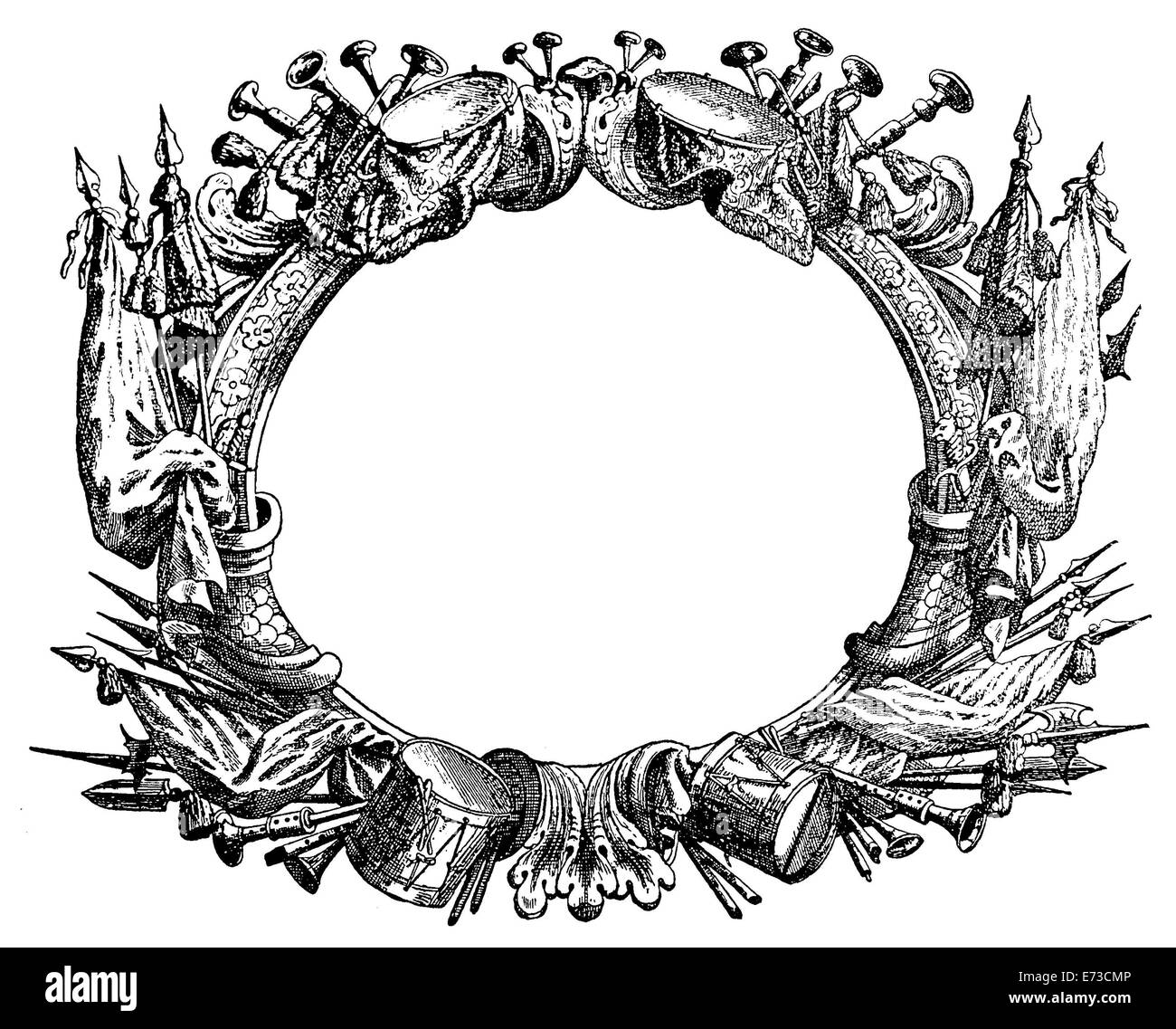 Cornice ornamentale con strumenti musicali e bandiere Foto Stock