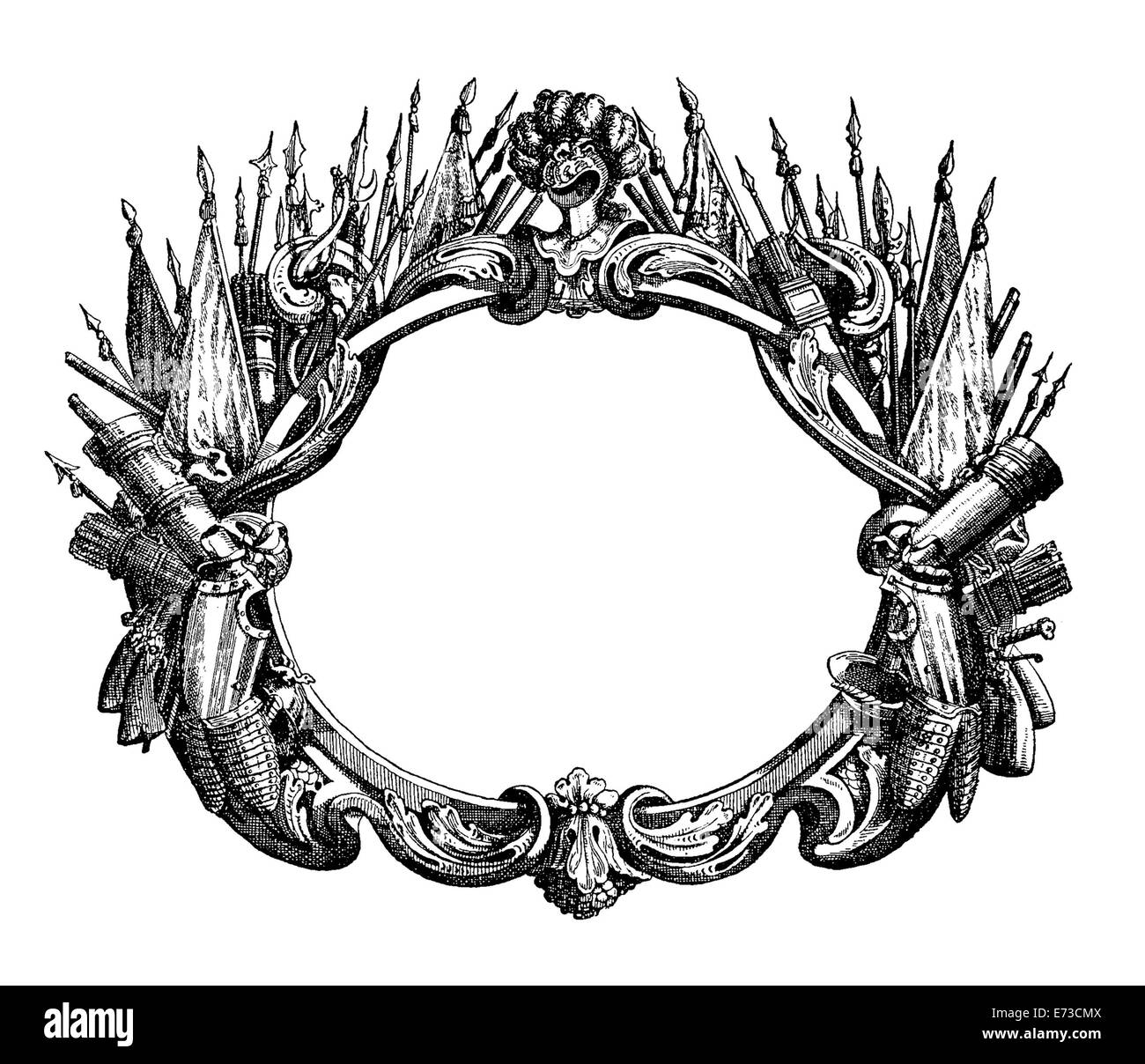 Renaissance cornice ornamentale con armature, casco, bandiere, frecce e armi Foto Stock