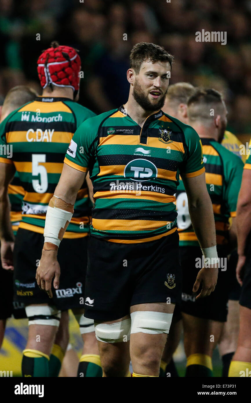 Northampton, Regno Unito. 05 Sep, 2014. Aviva Premiership Rugby. Northampton Santi rispetto a Gloucester. Esordienti try scorer Jon Fisher di Northampton santi. Punteggio finale: Northampton Santi 53-6 Gloucester. Credito: Azione Sport Plus/Alamy Live News Foto Stock