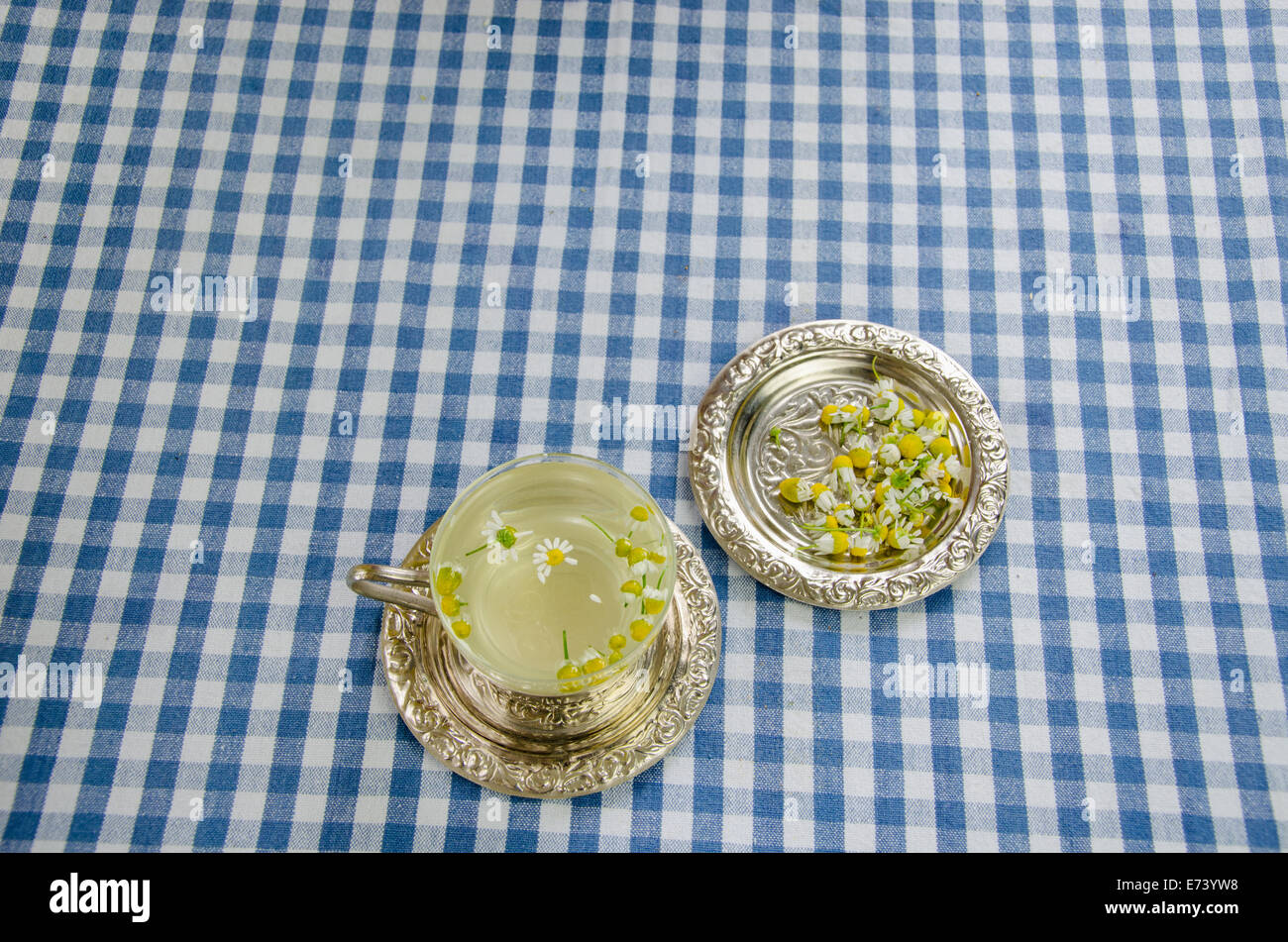 Terapeutici rilassanti fresco calice del giardino del tè camomilla e piastra di piccoli fiori Foto Stock