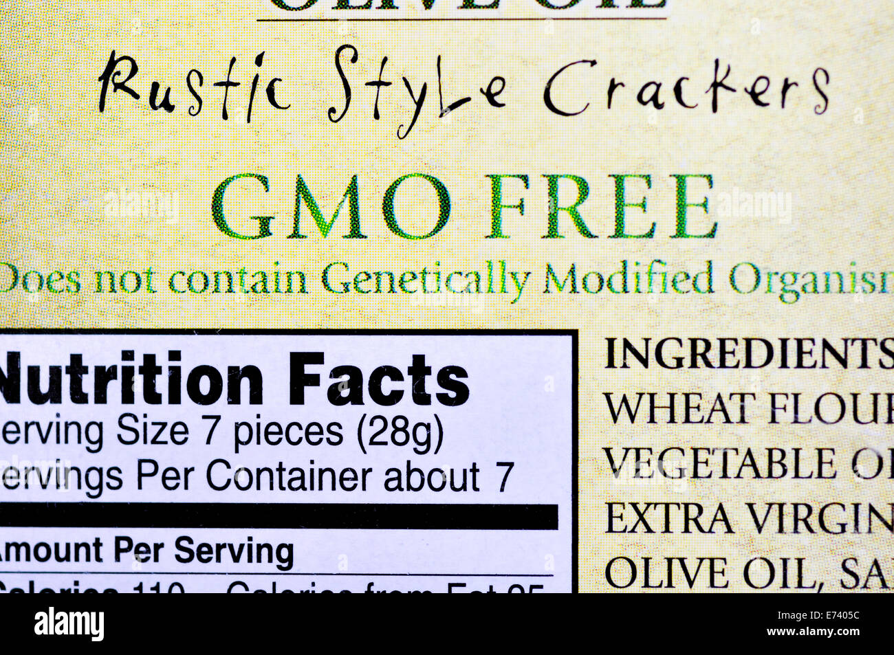 Etichetta sulla confezione di alimenti: GMO Foto Stock
