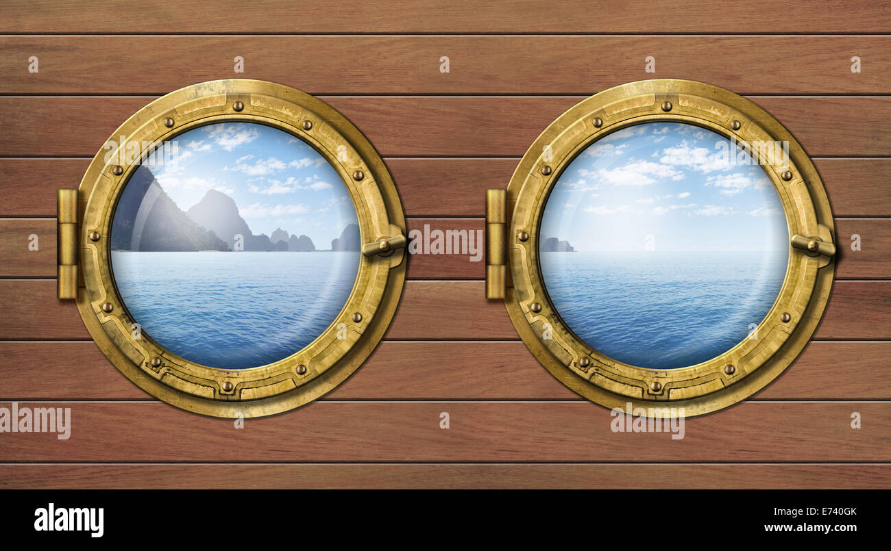 Due finestre della nave o oblò con mare o oceano con isola tropicale. Viaggi e andventure concetto. Foto Stock