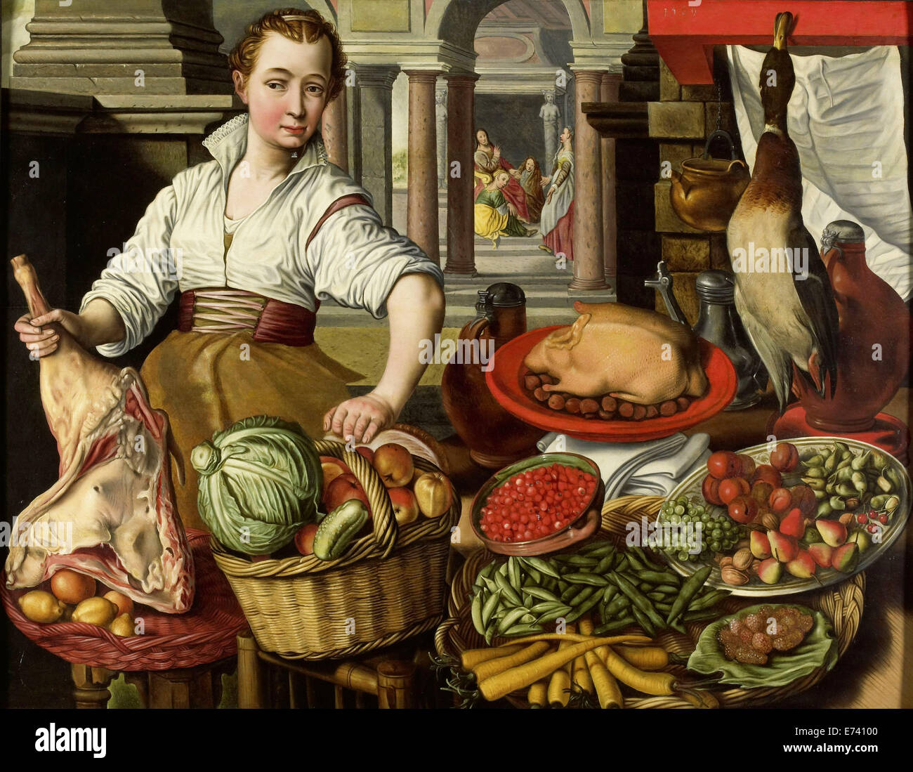 Pezzo da cucina, in background di Gesù con Marta e Maria - da Joachim Beuckelaer, 1569 Foto Stock