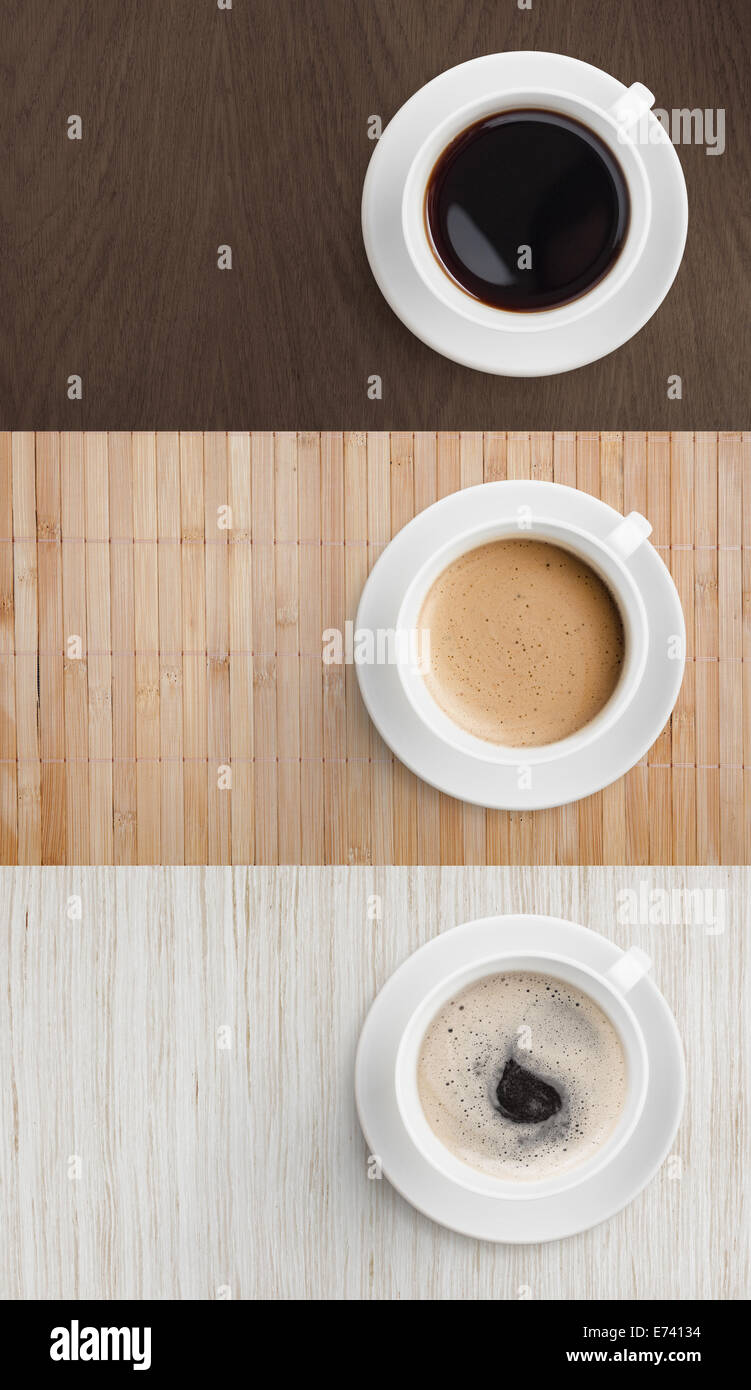 Il caffè sul tavolo in legno vista superiore impostato Foto Stock
