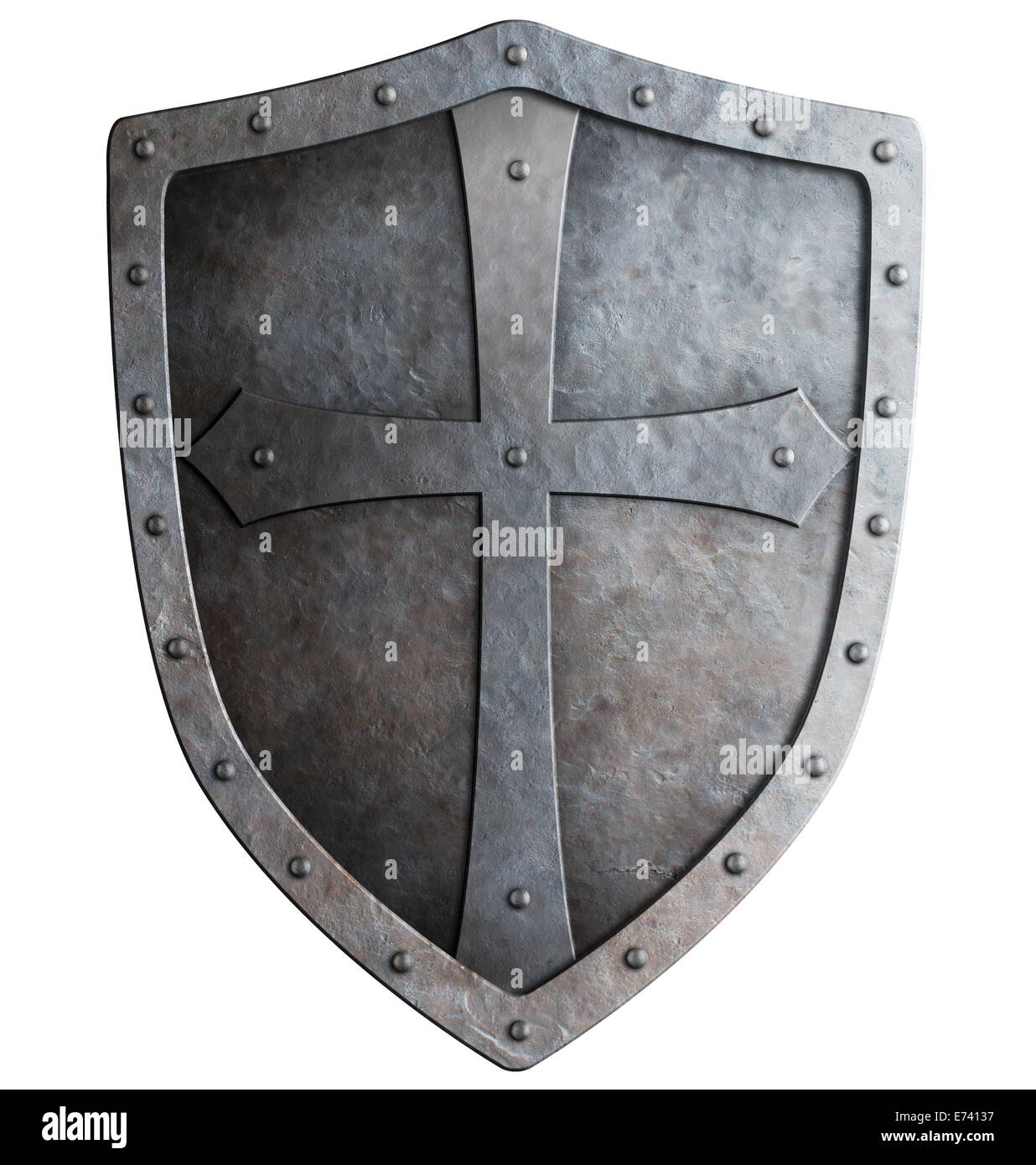 Crociato medievale del cavaliere scudo isolato su bianco Foto Stock