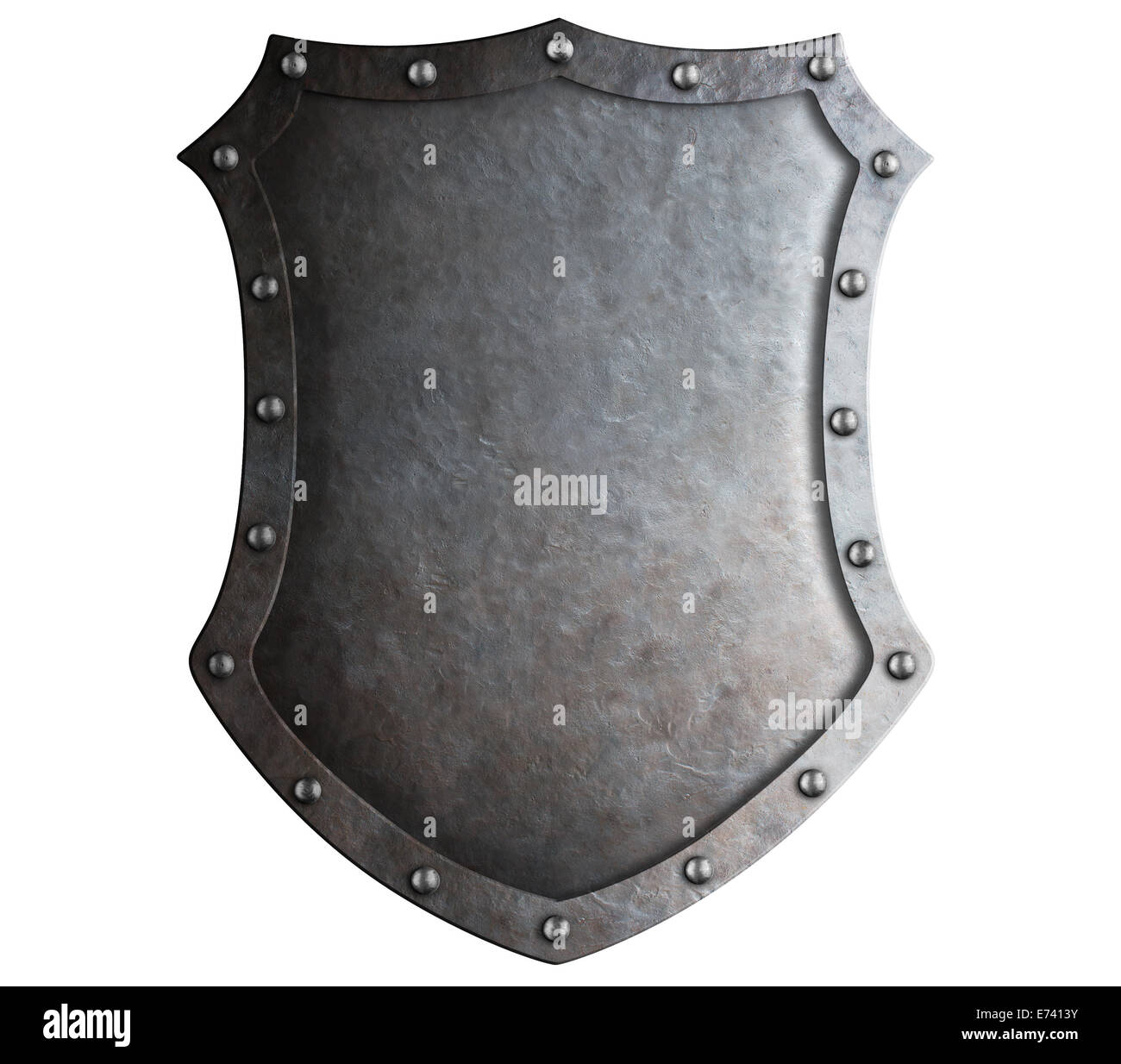 Grande medievale scudo metallico isolato su bianco Foto Stock