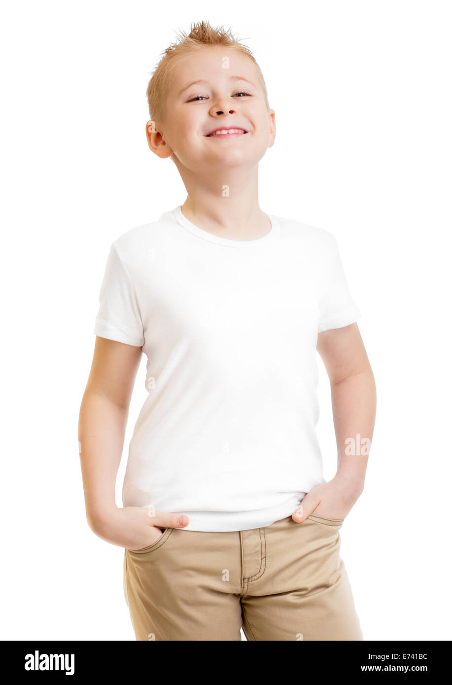 Modello kid in t-shirt o tshirt isolato su bianco Foto Stock