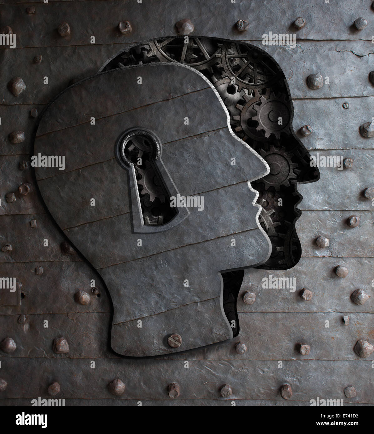 Cervello umano porta con serratura concetto realizzato in metallo ingranaggi e ruote dentate Foto Stock