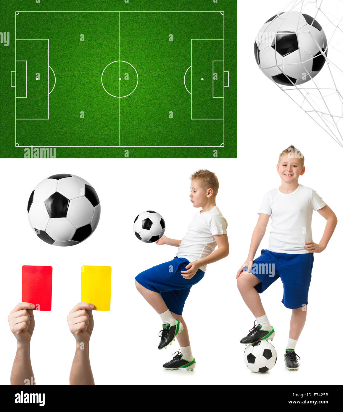 Il calcio o il calcio insieme comprendente la sfera, giocatore, campo Foto Stock