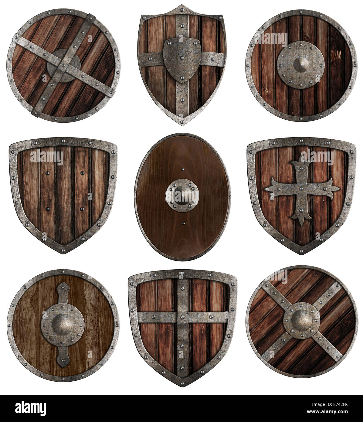 Medievale di protezioni in legno collezione isolato su bianco Foto Stock