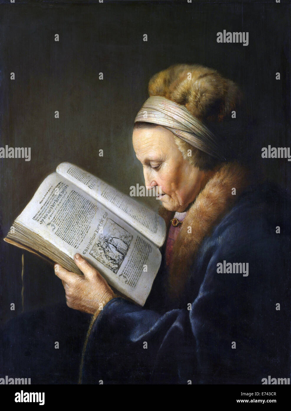 Vecchia donna lettura - di Gerard Dou, 1631 - 1632 Foto Stock