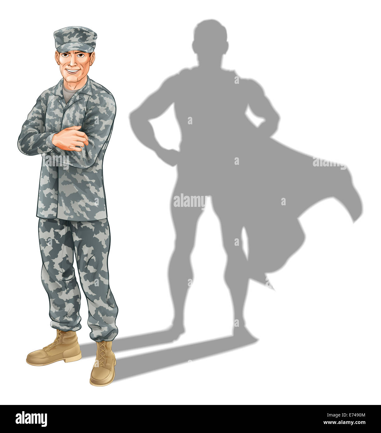 Soldato eroe concetto. Una illustrazione concettuale di un militare in piedi con la sua ombra nella forma di un supereroe Foto Stock