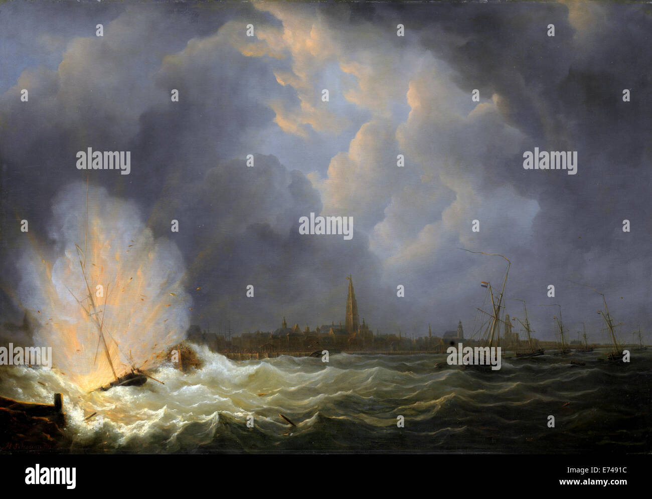 L'esplosione delle cannoniere n. 2 sotto il comando di Jan van Speijk, Anversa, 5 febbraio 1831 - da Martinus Schouman, 1832 Foto Stock