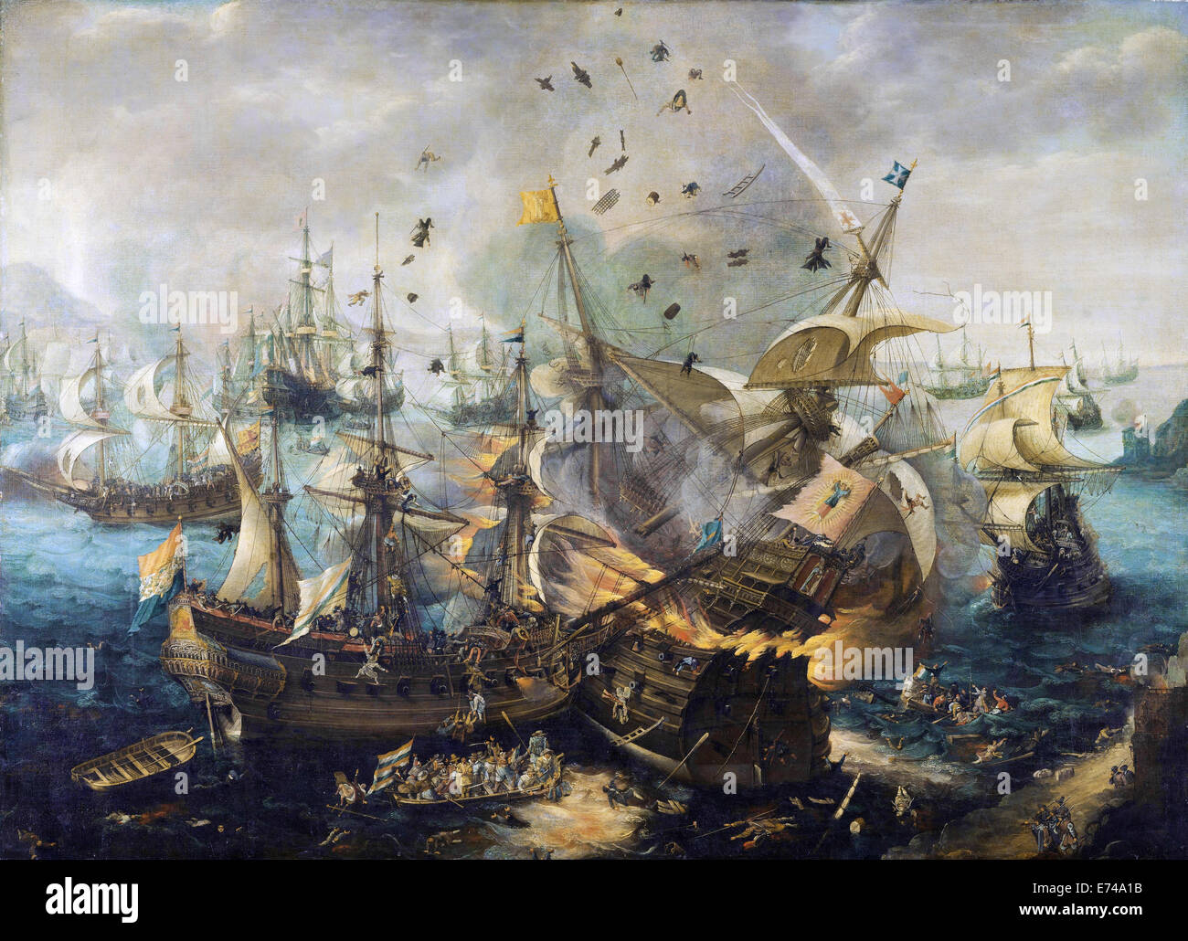 L'esplosione della nave ammiraglia spagnola durante la Battaglia di Gibilterra - da Cornelis Claesz van Wieringen, 1621 Foto Stock