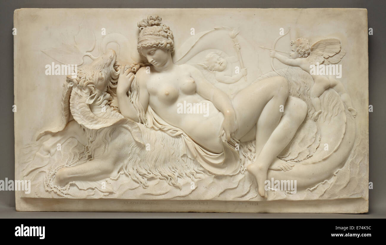 Venere reclinata su un mostro marino con Cupido e un putto; John Deare, britannico, 1759 - 1798; Europa; 1785 - 1787; marmo Foto Stock