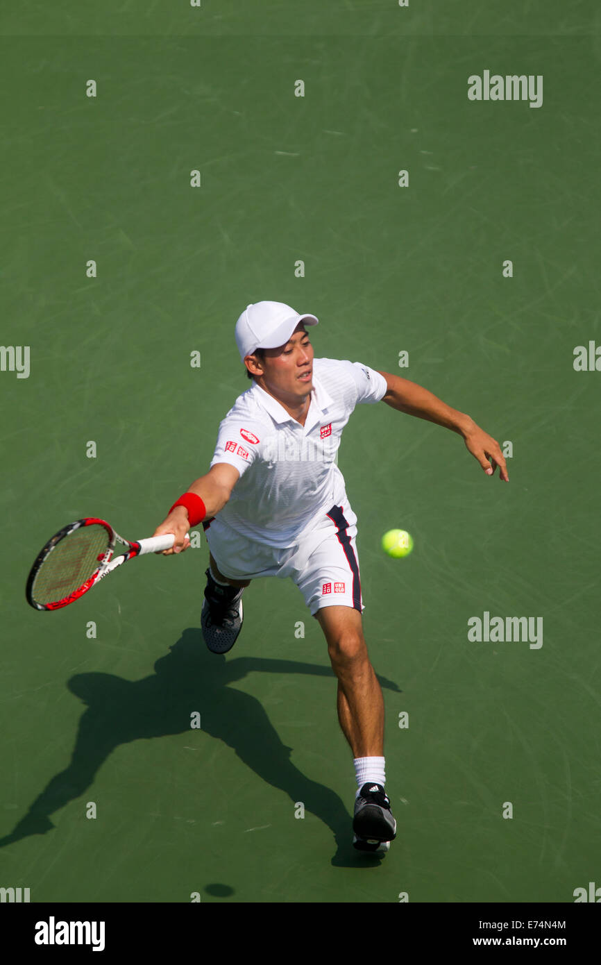 New York, US. 6 Sep, 2014. Kei Nishikori (JPN) sconfisse top-seme e mondo No. 1 Novak Djokovic (SRB) negli uomini Semi-Final per raggiungere la sua prima carriera Grand Slam finale. Credito: NCP Fotografia/Alamy Live News Foto Stock