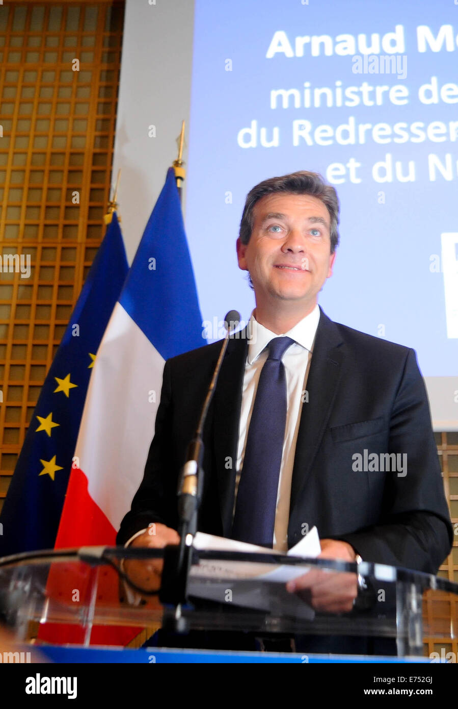 Ritratto di Arnaud Montebourg, il francese ex ministro dell'Economia e vocal sostenitore del 'made in Francia " e il protezionismo parziale Foto Stock
