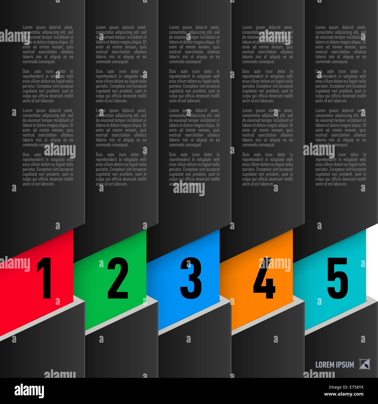 Infographics in stile carta con colonne di nero e colorato voci numerate da uno a cinque Foto Stock