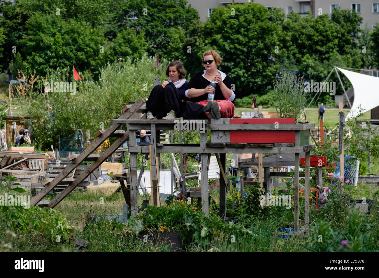 Comunità progetto giardino a Tempelhof Park ex aeroporto a Berlino Germania Foto Stock