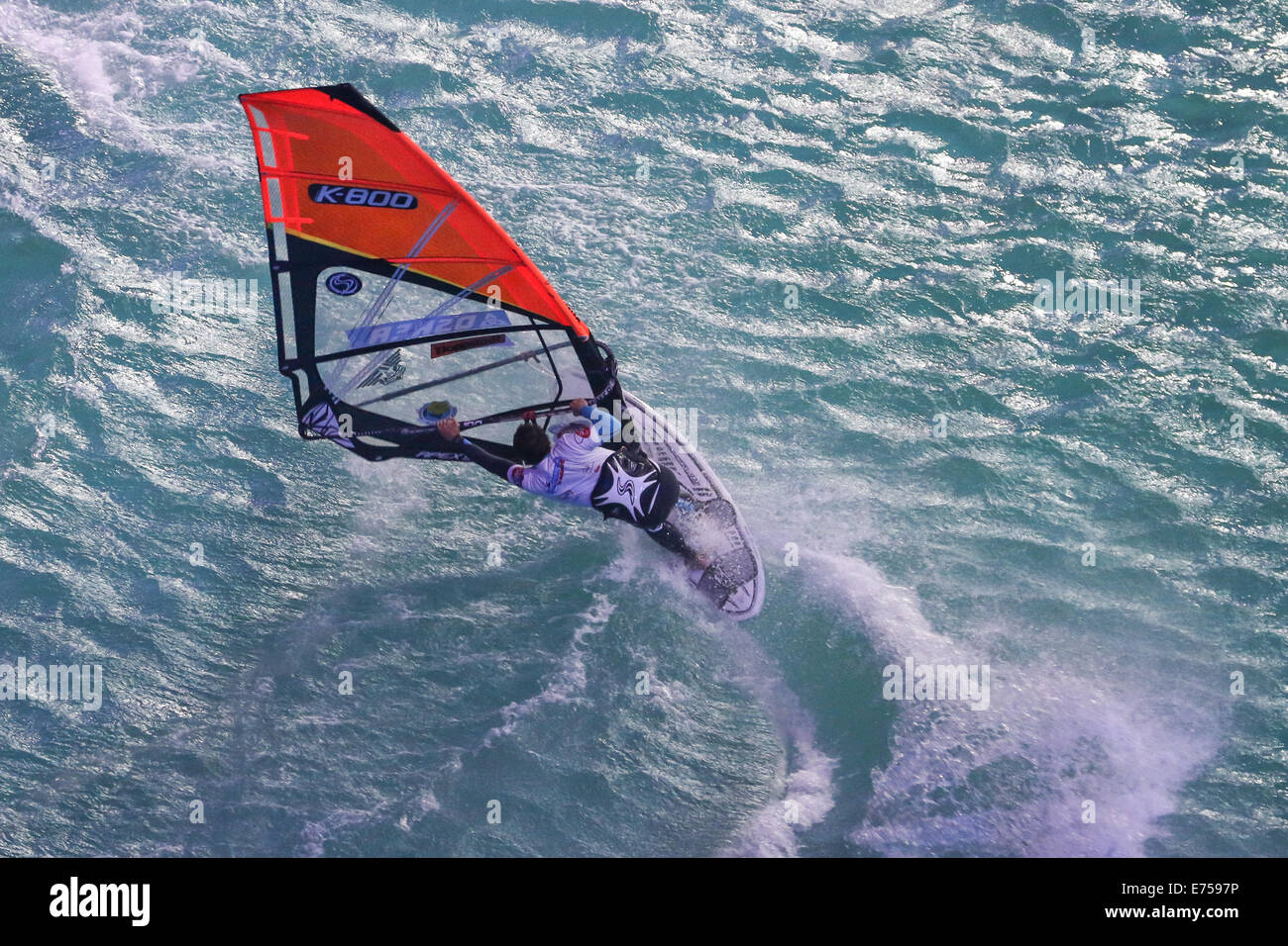 Varsavia, Polonia - 6 Settembre 2014: Ben Proffit prende una curva stretta durante PWA World Tour evento indoor presso il National Stadium. Foto Stock