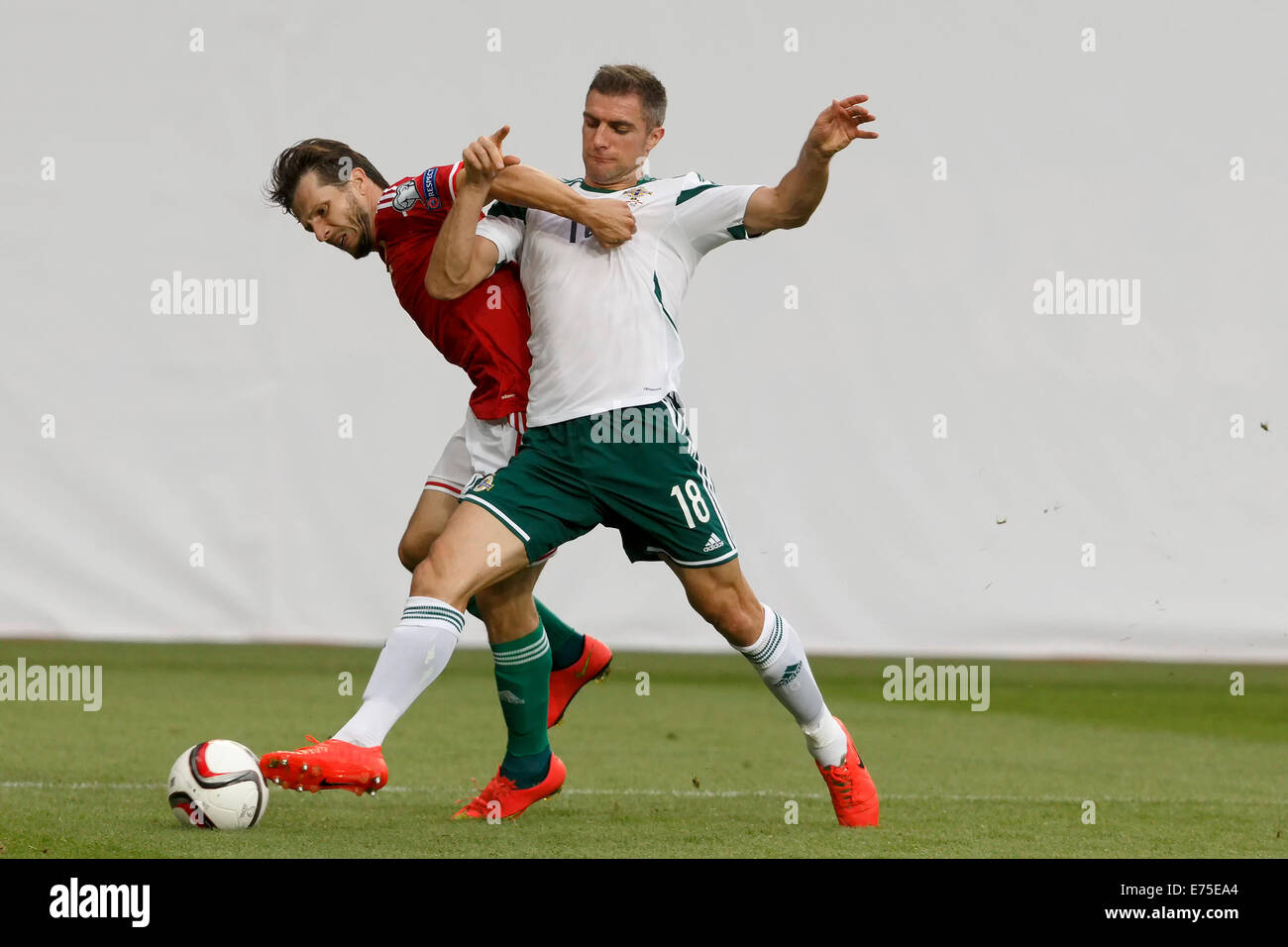 Budapest, Ungheria. Il 7 settembre, 2014. Duello tra Hunagrian Gergely Rudolf (l) e l'Irlanda del Nord Aaron Hughes durante l'Ungheria vs. Irlanda del Nord UEFA EURO 2016 qualifier partita di calcio a Groupama Arena il 7 settembre 2014 a Budapest, Ungheria. Credito: Laszlo Szirtesi/Alamy Live News Foto Stock