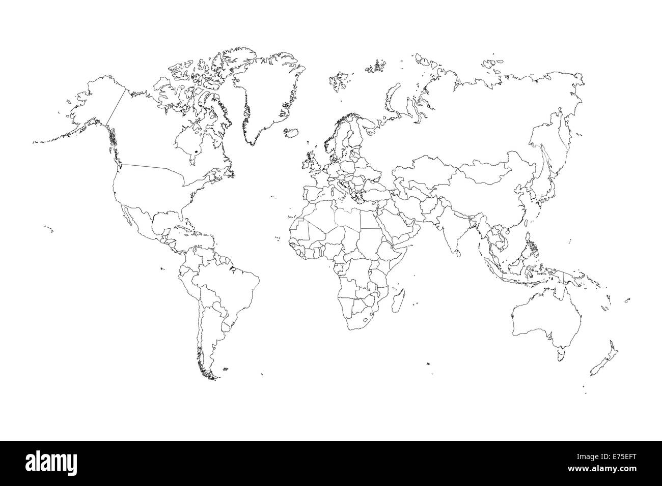 Una illustrazione di finissima contorno del mondo (con i confini) Foto Stock