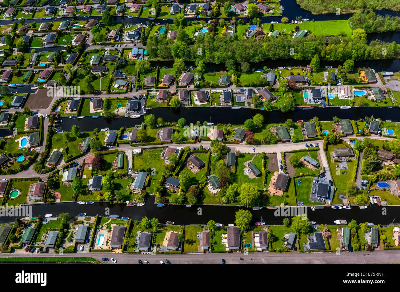 Vista aerea, Boomhoek Loosdrecht, Parcheggio barca, Briljant Bungalow, Loosdrecht, Provincia di North-Holland, Paesi Bassi Foto Stock