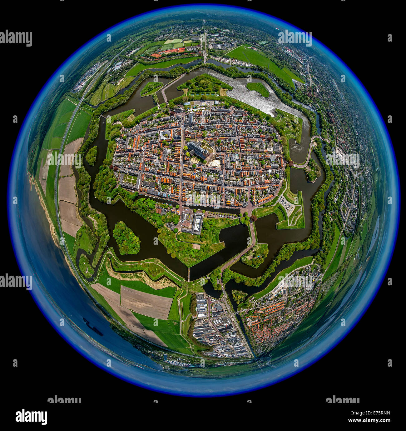Vista aerea, fish eye immagine, Naarden, città fortificata, Provincia di North-Holland, Paesi Bassi Foto Stock