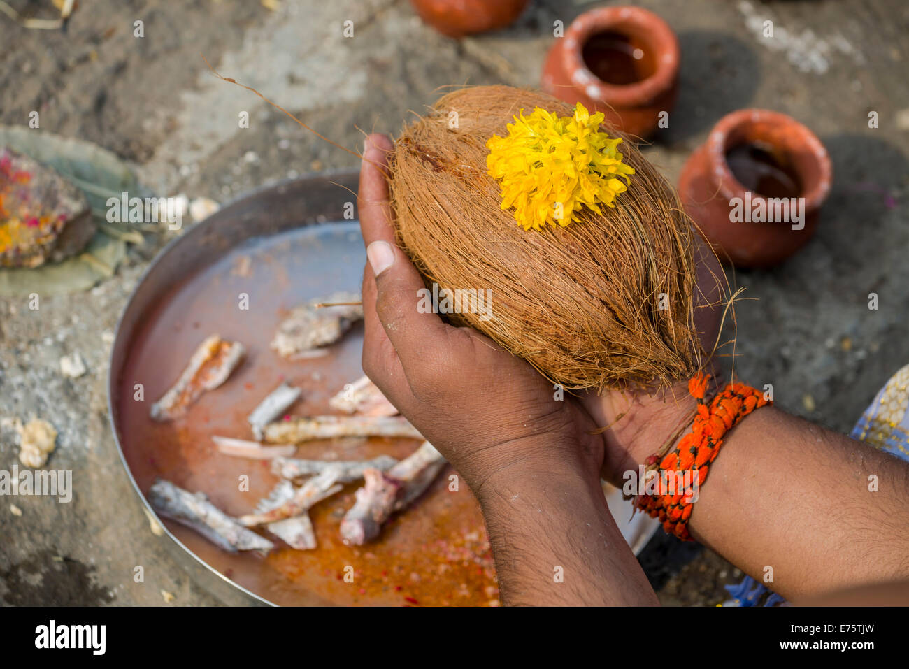 Un uomo è in possesso di una noce di cocco durante Dashkriya o Asthi Visarjan, un rituale che viene eseguito dieci giorni dopo la morte di una famiglia Foto Stock