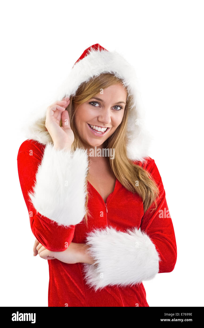 Festive bionda sorridente in telecamera Foto Stock
