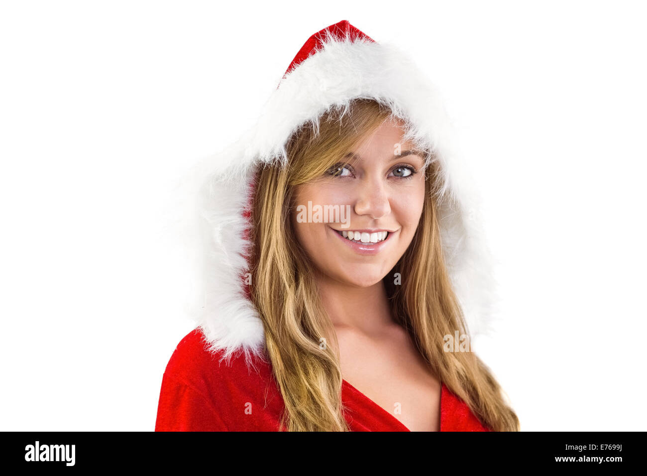 Festive bionda sorridente in telecamera Foto Stock