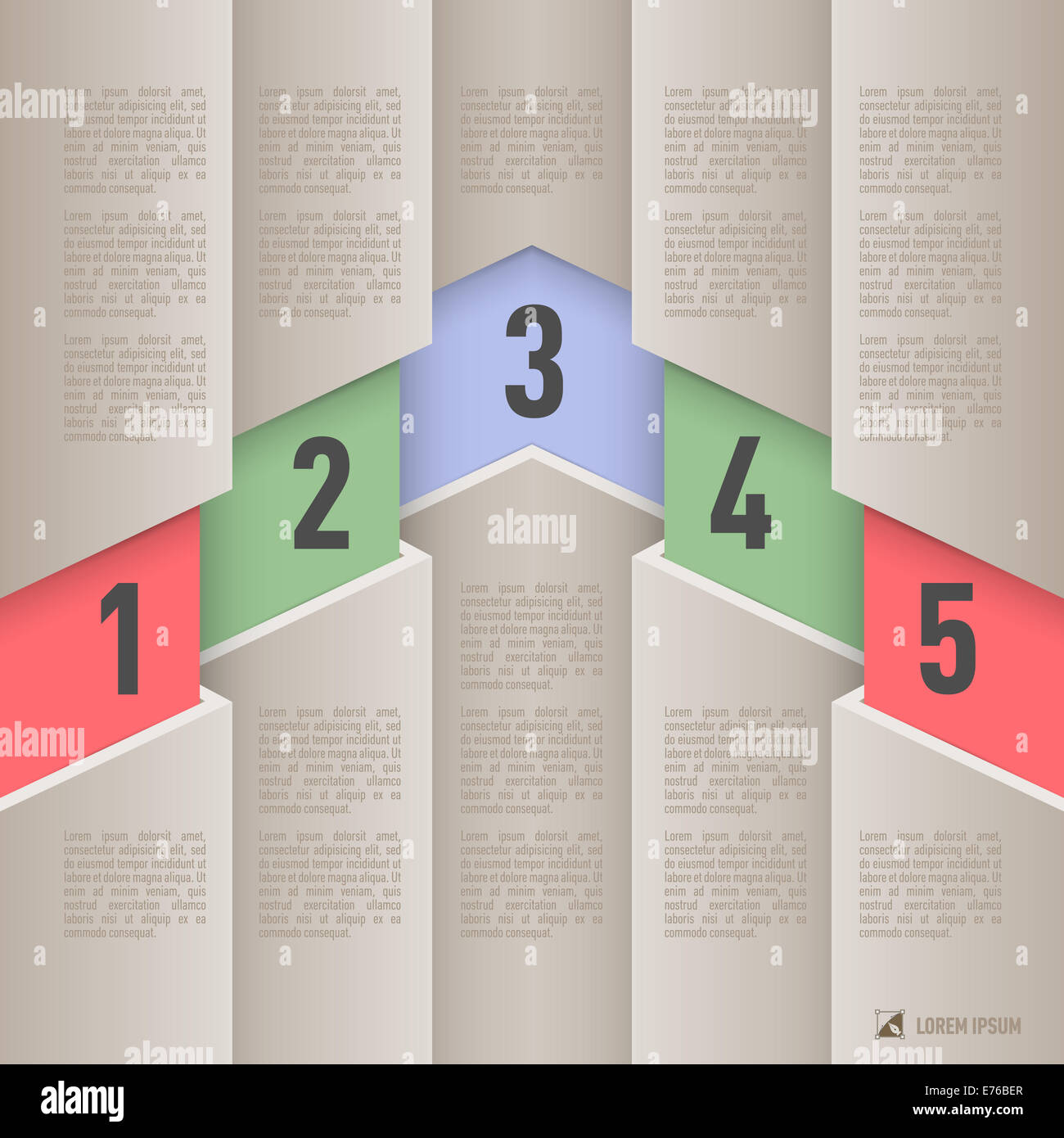 Infographics in stile di carta colorata con elementi numerati da uno a cinque Foto Stock