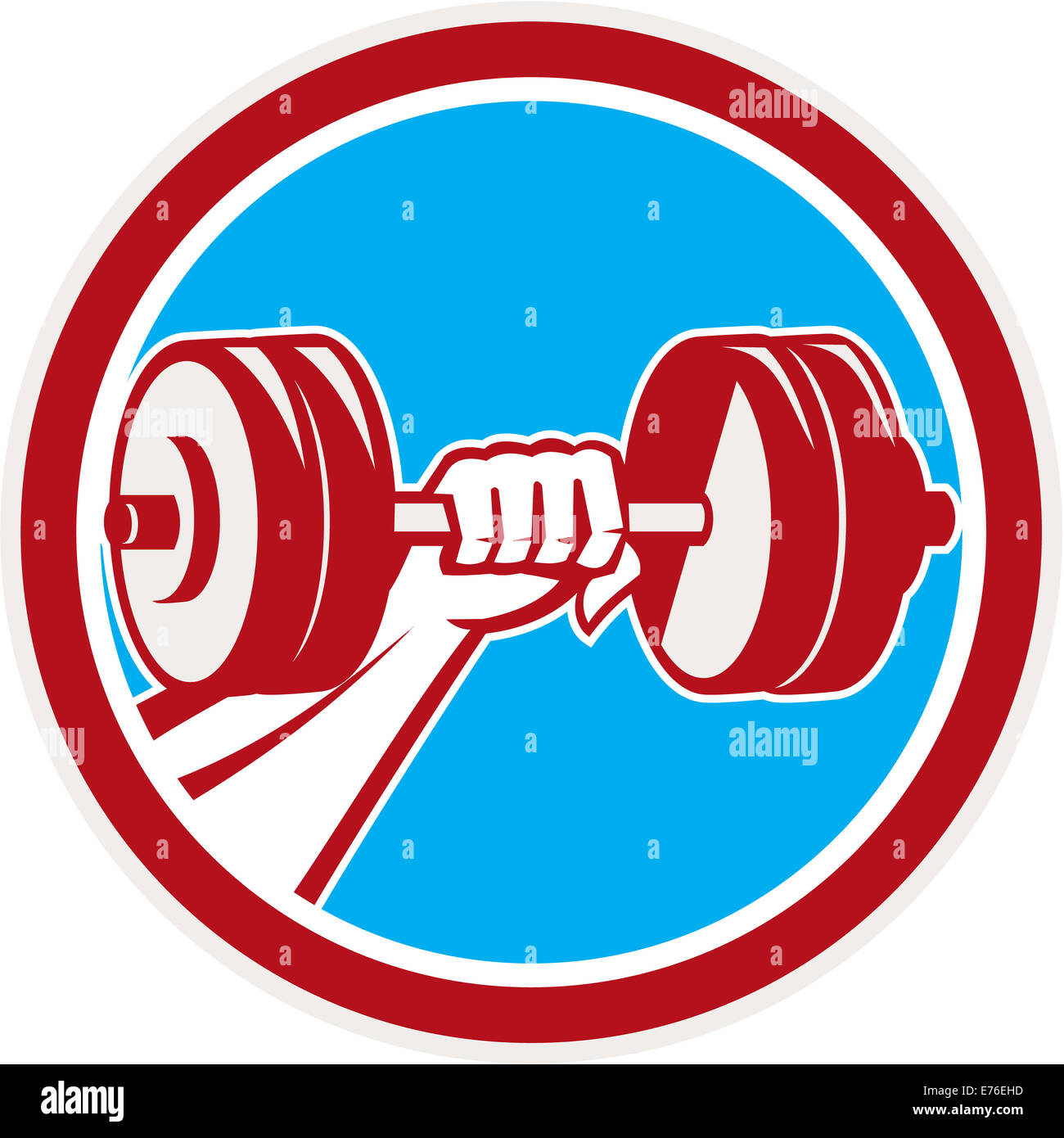 Illustrazione di un pugno di mano il sollevamento di pesi il peso della formazione visto dalla parte anteriore impostato all'interno del cerchio fatto in stile retrò. Foto Stock