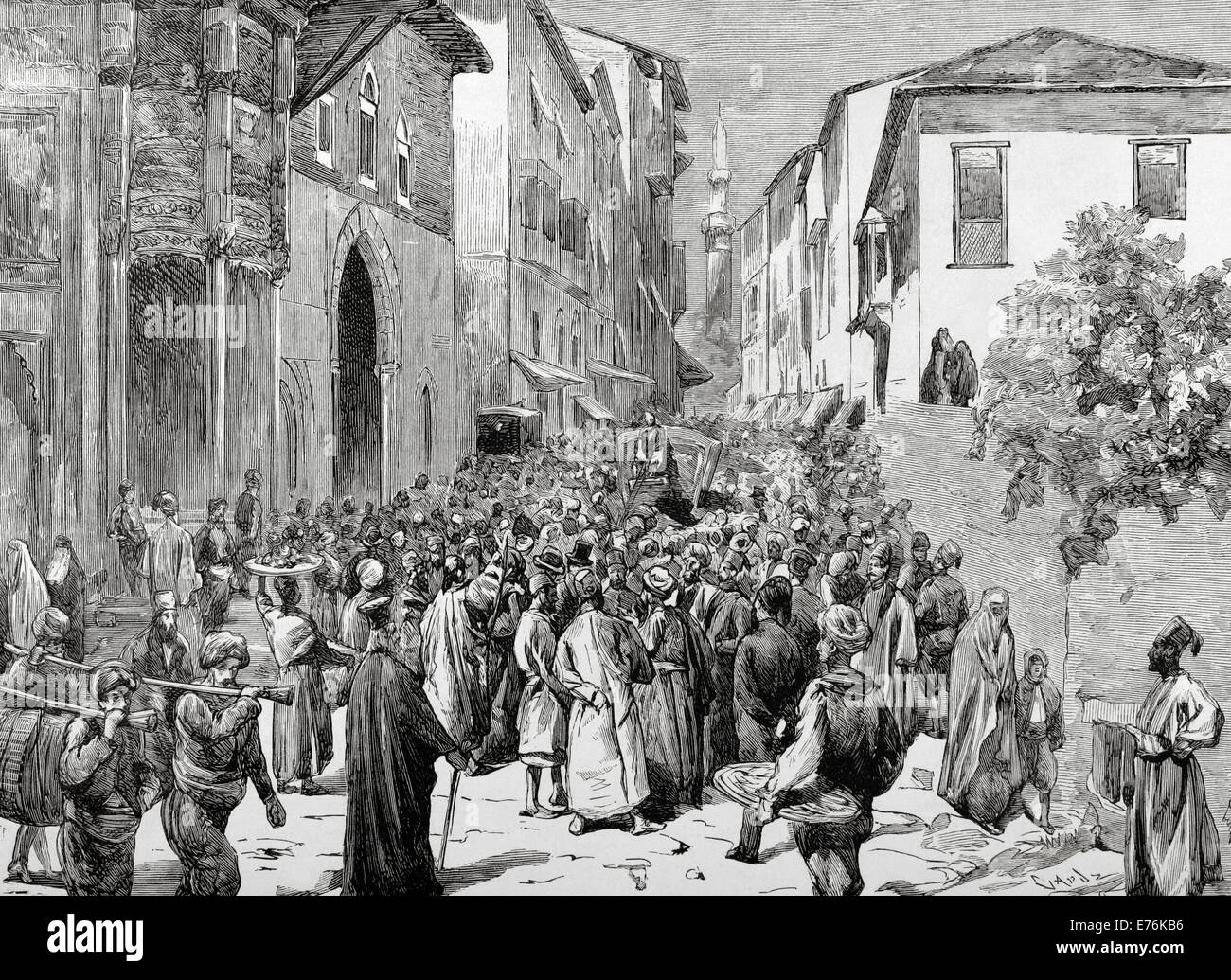 Mahmud Nedim Pascià (1818-1883). Statista ottomano. Dimostrazione per le strade di Istanbul contro il ministro. Incisione. Foto Stock