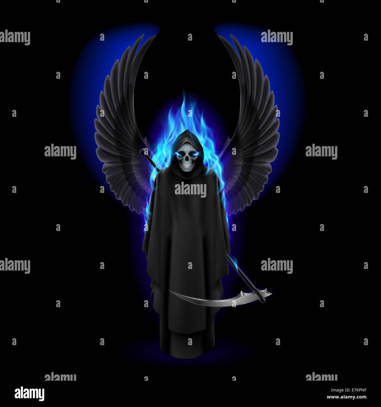 Grim Reaper con le ali e la fiamma blu su nero Foto Stock