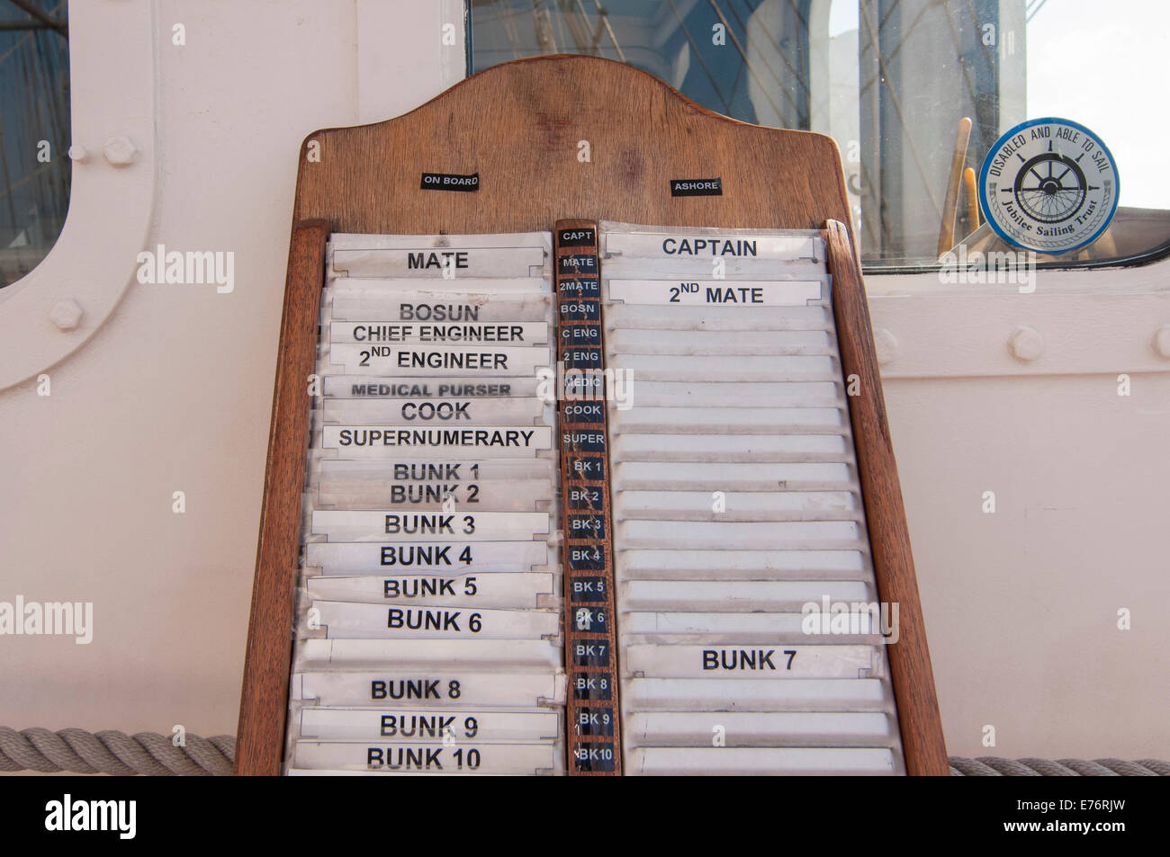 Woolwich, Londra, Regno Unito. 8 Sep, 2014. Sindaco di Londra Boris Johnson, visite TS tenace, a tall ship di proprietà del Giubileo barca a vela Trust, come parte del mese lungo totalmente Thames Event. Nella foto: scheda equipaggio elenco sulla tenace. Credito: Stephen Chung/Alamy Live News Foto Stock