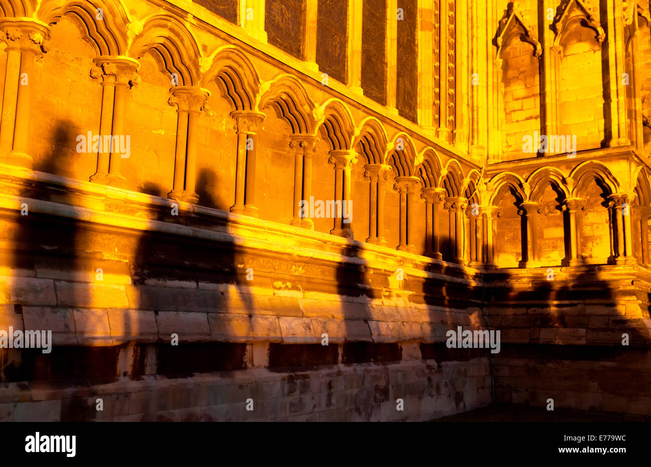 Le ombre delle persone che camminano passato Cattedrale di Lincoln di notte sulla Gita dei Fantasmi, Lincoln, Regno Unito Foto Stock