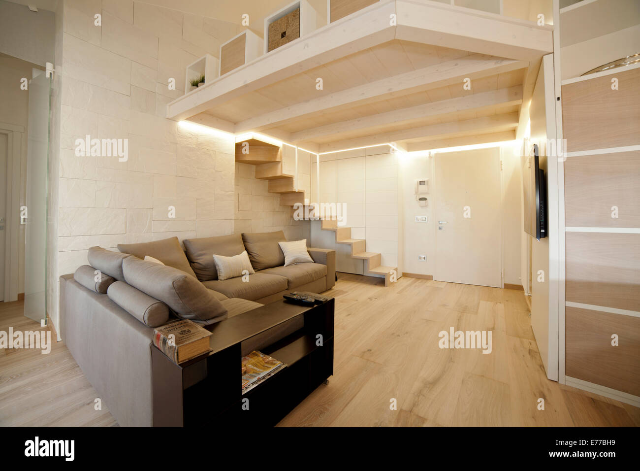 Soggiorno in piccolo e moderno appartamento in città con divano pavimento in legno duro e armadio nascosti Foto Stock