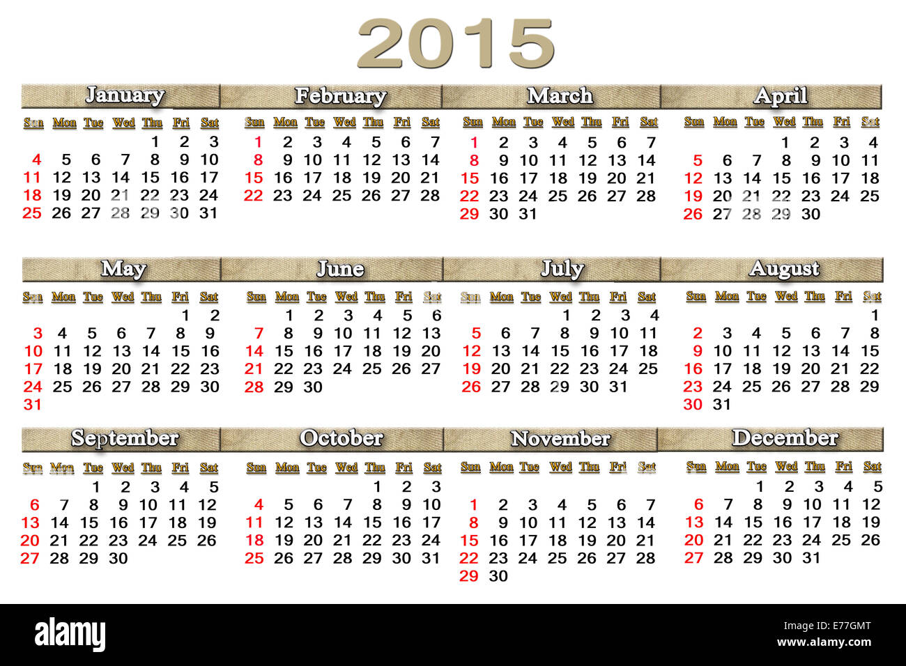 Ufficio usuali per il calendario 2015 anno con strisce di hessian Foto Stock